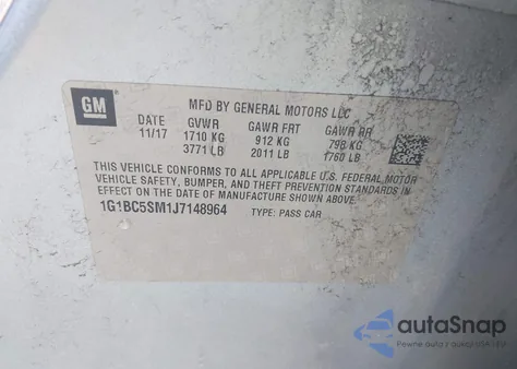 2018 Chevrolet Cruze Ls Auto z USA, uszkodzony, nr VIN 1G1BC5SM1J7148964